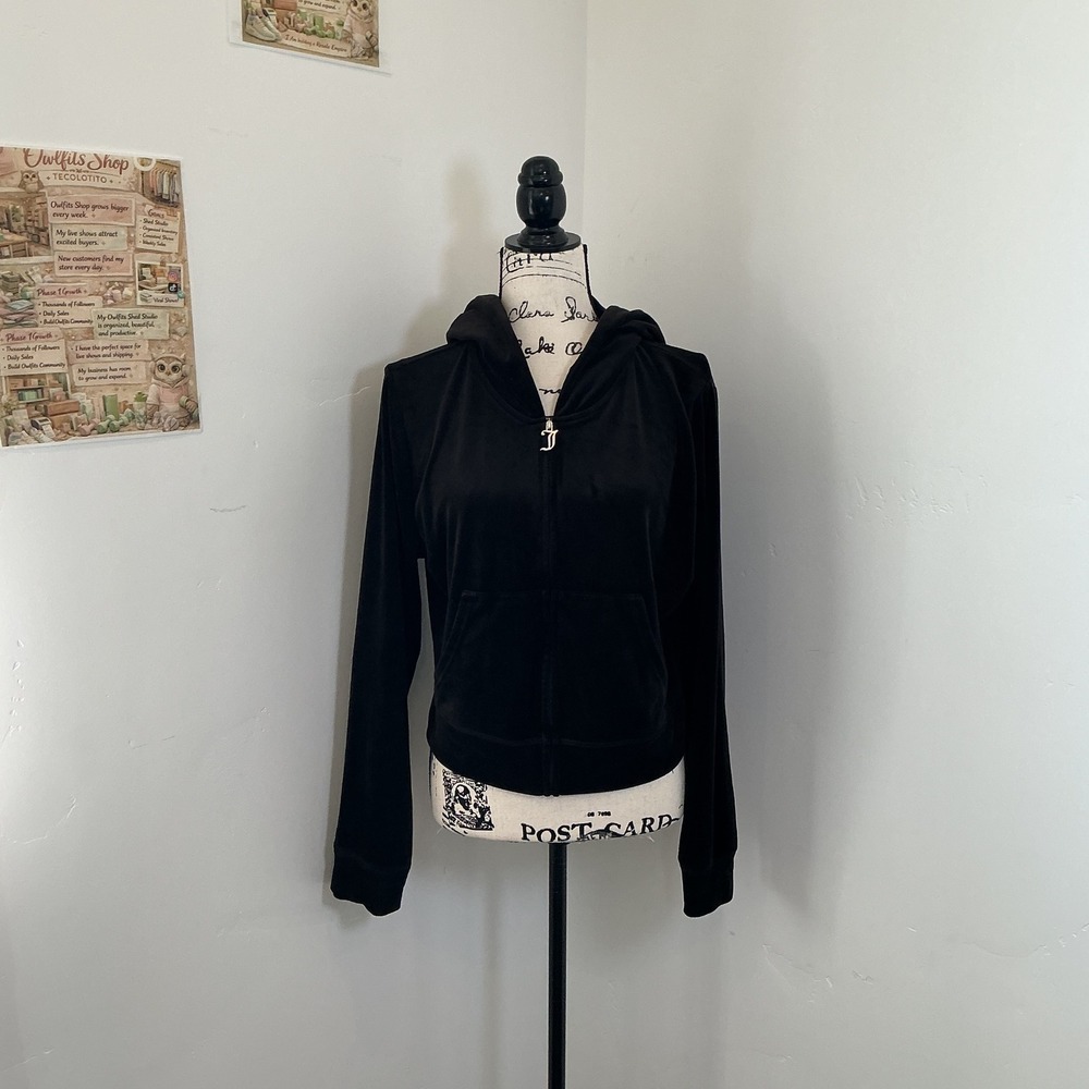 Juicy Couture Y2K Velour Rhinestone Zip Up Hoodie Black J-Pull Small